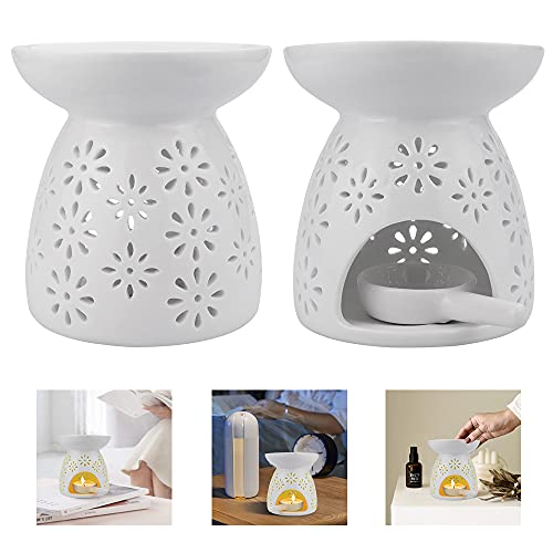 WANTOUTH 2 PCS Quemador de Aceites Esenciales Quemador Esencia de Cerámica Quemador de Aceite Aromatico con Patrón de Flores Quemador Aromaterapia con 2 Cucharas de Velas para Decoración Hogar- Blanco