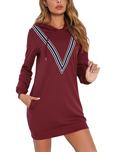 Wayleb Sudadera con Capucha Mujer Hoodie Deporte Sudadera Larga Pullover Tops con Bolsillo Jersey Vestido Sudadera Deportivo Otoño Primavera,Vino Rojo,XXL