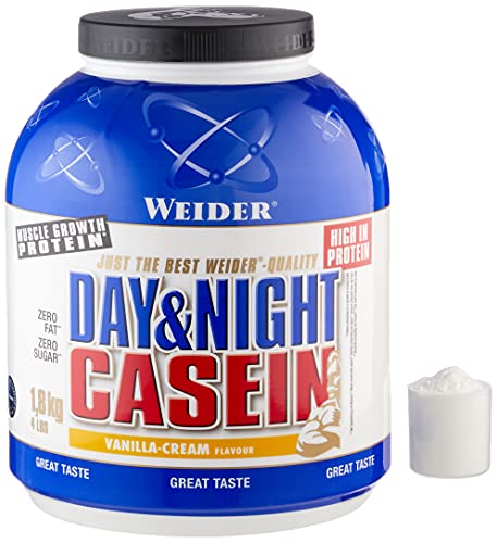 Weider Day & Night Casein Vainilla 1,8 kg. Fórmula protéica a base de puro caseinato cálcico. Efecto saciante