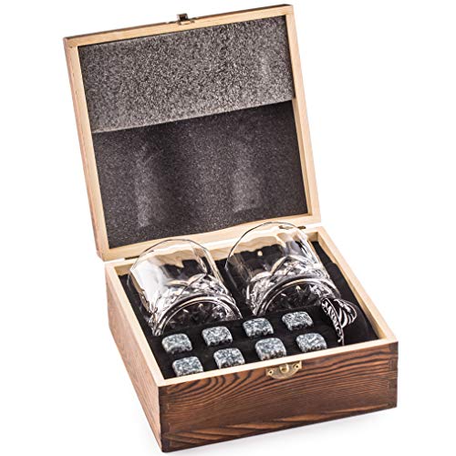 Whisky Piedras Set de Regalo y 2 Vasos de Whisky - Sea Diferente a la Hora de Elegir un Regalo - Reutilizables Cubitos de Hielo - 8 Whisky Rocks de Granito - Amerigo Whiskey Stones Gift Set