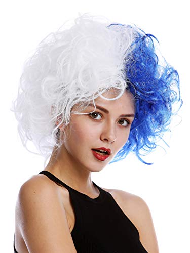 WIG ME UP- 91344-PC3+P60 Peluca Halloween Mujeres Hombres Diva Malvada Loca Masa de Pelo Rizado rebelde Mitad Azul Mitad Blanco