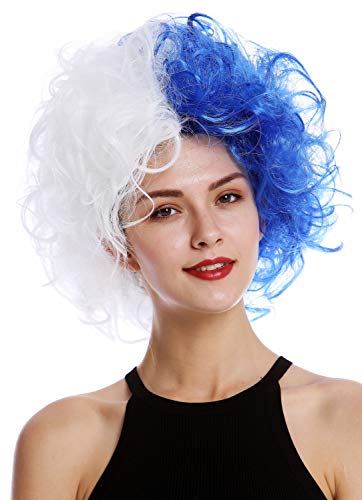 WIG ME UP- 91344-PC3+P60 Peluca Halloween Mujeres Hombres Diva Malvada Loca Masa de Pelo Rizado rebelde Mitad Azul Mitad Blanco