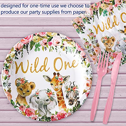 Wild One Animales Supplies Juego de Decoración, Fiestas de Animales del Bosque, Decoraciones de Fiesta Niños Cumpleaños Pancartas Manteles Mesa Platos Tazas Servilletas（82 Piezas）