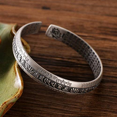 WOZUIMEI Brazalete Vintage de Estilo Chino Brazalete de Plata Esterlina S999 Hechizos Budistas Pulsera de Escritura de Plata Tailandesa Retro Apertura Brazalete de Plata Budista AjustablePulsera de e