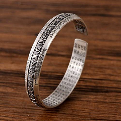 WOZUIMEI Brazalete Vintage de Estilo Chino Brazalete de Plata Esterlina S999 Hechizos Budistas Pulsera de Escritura de Plata Tailandesa Retro Apertura Brazalete de Plata Budista AjustablePulsera de e