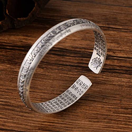 WOZUIMEI Brazalete Vintage de Estilo Chino Brazalete de Plata Esterlina S999 Hechizos Budistas Pulsera de Escritura de Plata Tailandesa Retro Apertura Brazalete de Plata Budista AjustablePulsera de e