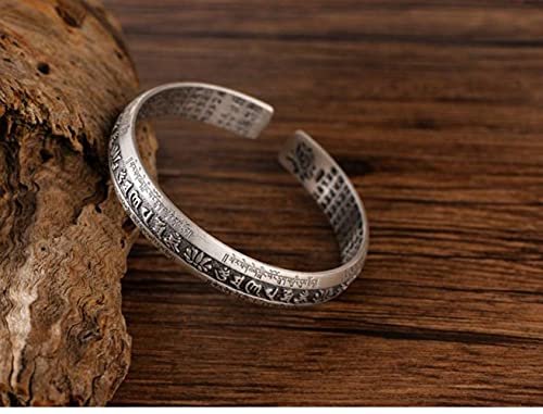 WOZUIMEI Brazalete Vintage de Estilo Chino Brazalete de Plata Esterlina S999 Hechizos Budistas Pulsera de Escritura de Plata Tailandesa Retro Apertura Brazalete de Plata Budista AjustablePulsera de e