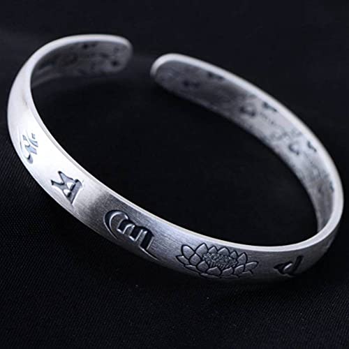 WOZUIMEI Brazalete Vintage de Estilo Chino S999 Brazalete de Loto de Plata Pulsera de Hechizo Budista de Loto Pulsera de Plata Abierta de la Vendimia Joyería de Mano de Hechizo Budista para Niñospuls