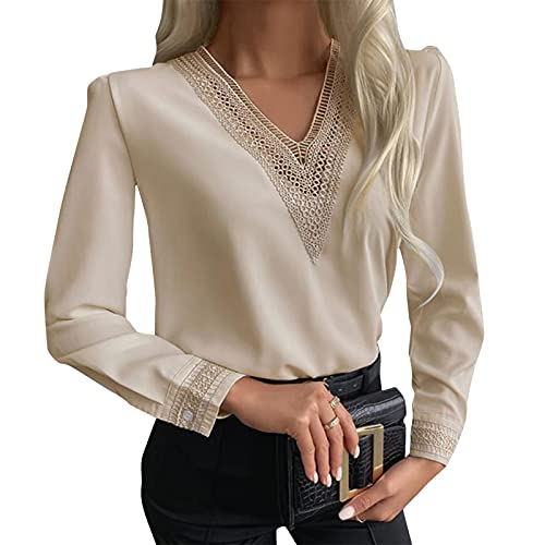 XUNN Elegancity - Blusa de mujer con cuello en V y encaje, elegante túnica con manga larga, monocolor, elegante, tallas S-2XL, caqui, M