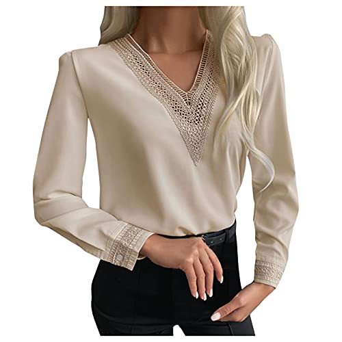 XUNN Elegancity - Blusa de mujer con cuello en V y encaje, elegante túnica con manga larga, monocolor, elegante, tallas S-2XL, caqui, M