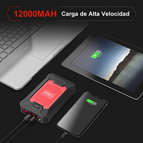 YABER Arrancador de Coches 12000mAh, 800A Arrancador de Baterias de Coche (para 5.0L de Gasolina o 4.0L de Diesel) de IP66 Impermeable Emergencias-Upgrade