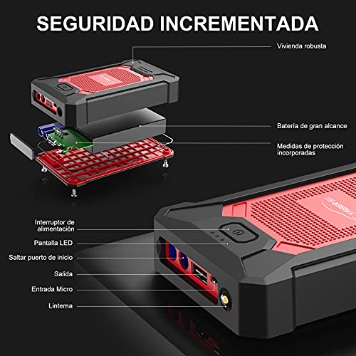 YABER Arrancador de Coches 12000mAh, 800A Arrancador de Baterias de Coche (para 5.0L de Gasolina o 4.0L de Diesel) de IP66 Impermeable Emergencias-Upgrade