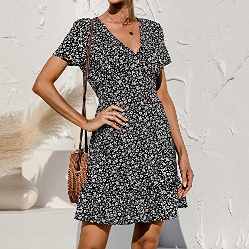 YANFANG Vestido Verano Playa Mujer De con Estampado Flores PequeñAs Cuello En V Y Hojas Falbala para Mujer,Moda 2021,Vestido Sexy Verde,Negro,L