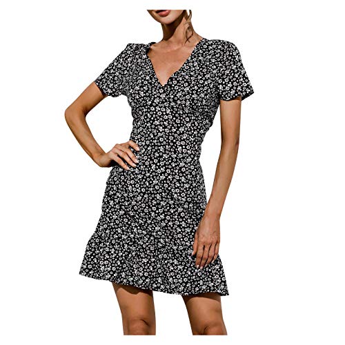 YANFANG Vestido Verano Playa Mujer De con Estampado Flores PequeñAs Cuello En V Y Hojas Falbala para Mujer,Moda 2021,Vestido Sexy Verde,Negro,L