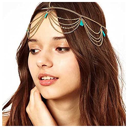 Yheakne Diadema bohemia turquesa dorada con borla en capas, cadena de pelo gitano, para festivales de boda, tocado decorativo para el cabello, accesorios para mujeres y adolescentes