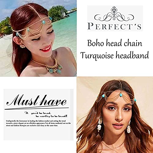 Yheakne Diadema bohemia turquesa dorada con borla en capas, cadena de pelo gitano, para festivales de boda, tocado decorativo para el cabello, accesorios para mujeres y adolescentes