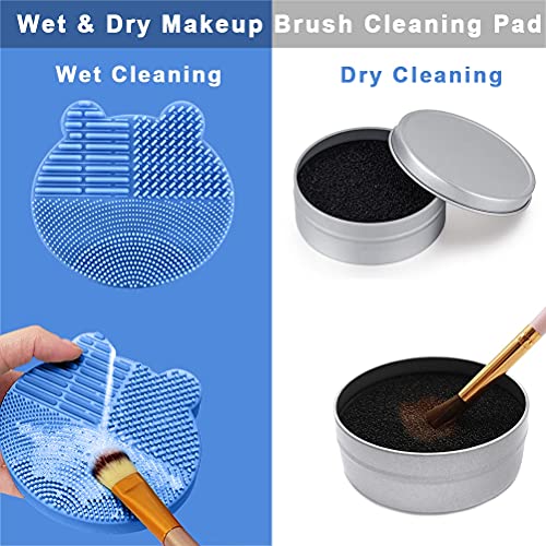 Yoedge Almohadilla de Limpieza para Brochas de Maquillaje 2 en 1 Cepillo de Silicona Cepillo +Caja de Esponja para Quitar Residuos Polvos Cosméticos sin Agua para Maquillaje Cepillos y Maquillaje,Azul