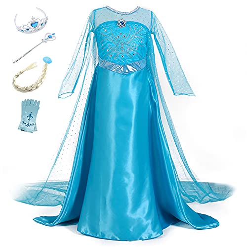 YOSICIL Vestido de Princesa Elsa Vestido Frozen Niñas Disfraz Traje de Cumpleaños ninas Fancy Dress nina Disfraz Elsa Princesa Cosplay con Accesorios traje de arrastre 3-10Años 110-150cm, Azul 120