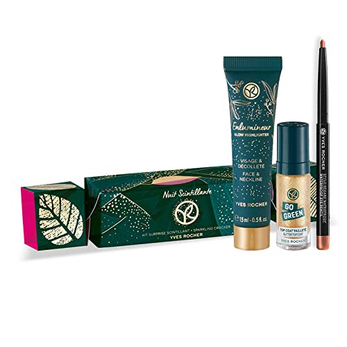 Yves Rocher - Kit Cracker Maquillaje Edición Limitada - Incluye: Lápiz de Ojos Retractil Waterproof, Iluminador para rostro y cuello, Esmalte Top Coat de purpurina dorada