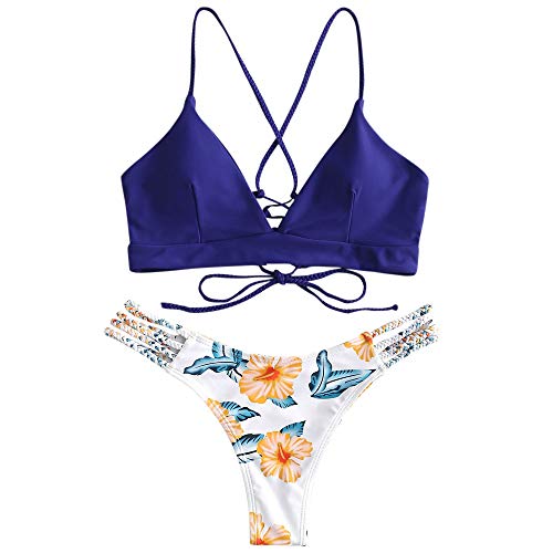 Zaful - Conjunto de bikini para mujer - Sujetador de triángulo y push-up en color azul - Bikini en fantasía floral - Talla XL