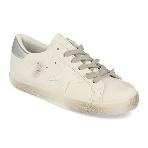 Zapatilla Plana para Mujer, Efecto Desgastado, Detalle en el Talon, y Cierre de Cordones, Primavera Verano 2021. Talla 38 Plata