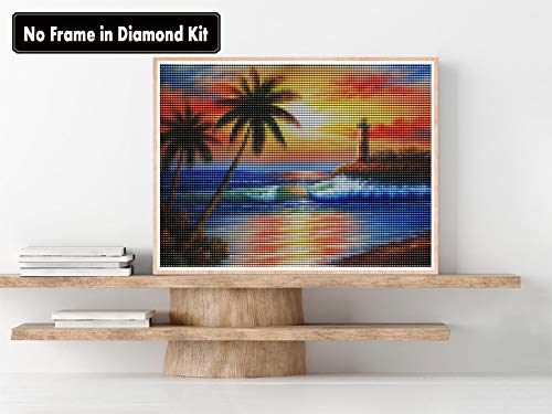 Zariocy DIY 5D Diamantes Pintura Kits Paisaje Playa Oceano, Diamond Painting Completo Árbol de Coco Faro Puesta de sol Bordado Pinturas Artes Kit Punto Cruz Para Decoración La Pared Hogar 30 * 40cm