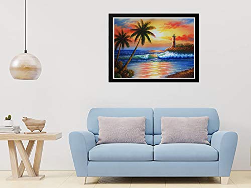 Zariocy DIY 5D Diamantes Pintura Kits Paisaje Playa Oceano, Diamond Painting Completo Árbol de Coco Faro Puesta de sol Bordado Pinturas Artes Kit Punto Cruz Para Decoración La Pared Hogar 30 * 40cm