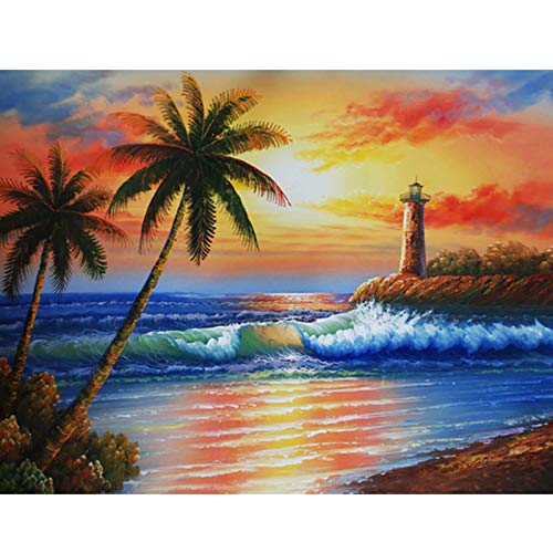 Zariocy DIY 5D Diamantes Pintura Kits Paisaje Playa Oceano, Diamond Painting Completo Árbol de Coco Faro Puesta de sol Bordado Pinturas Artes Kit Punto Cruz Para Decoración La Pared Hogar 30 * 40cm