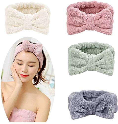 ZEEREE 4 Piezas Diadema Maquillaje,Coral Fleece Mujeres Maquillaje Spa Head Bandas Bowknot Pelo Bandas Lavado de Cara Ducha Diadema