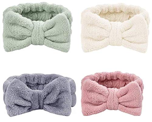 ZEEREE 4 Piezas Diadema Maquillaje,Coral Fleece Mujeres Maquillaje Spa Head Bandas Bowknot Pelo Bandas Lavado de Cara Ducha Diadema